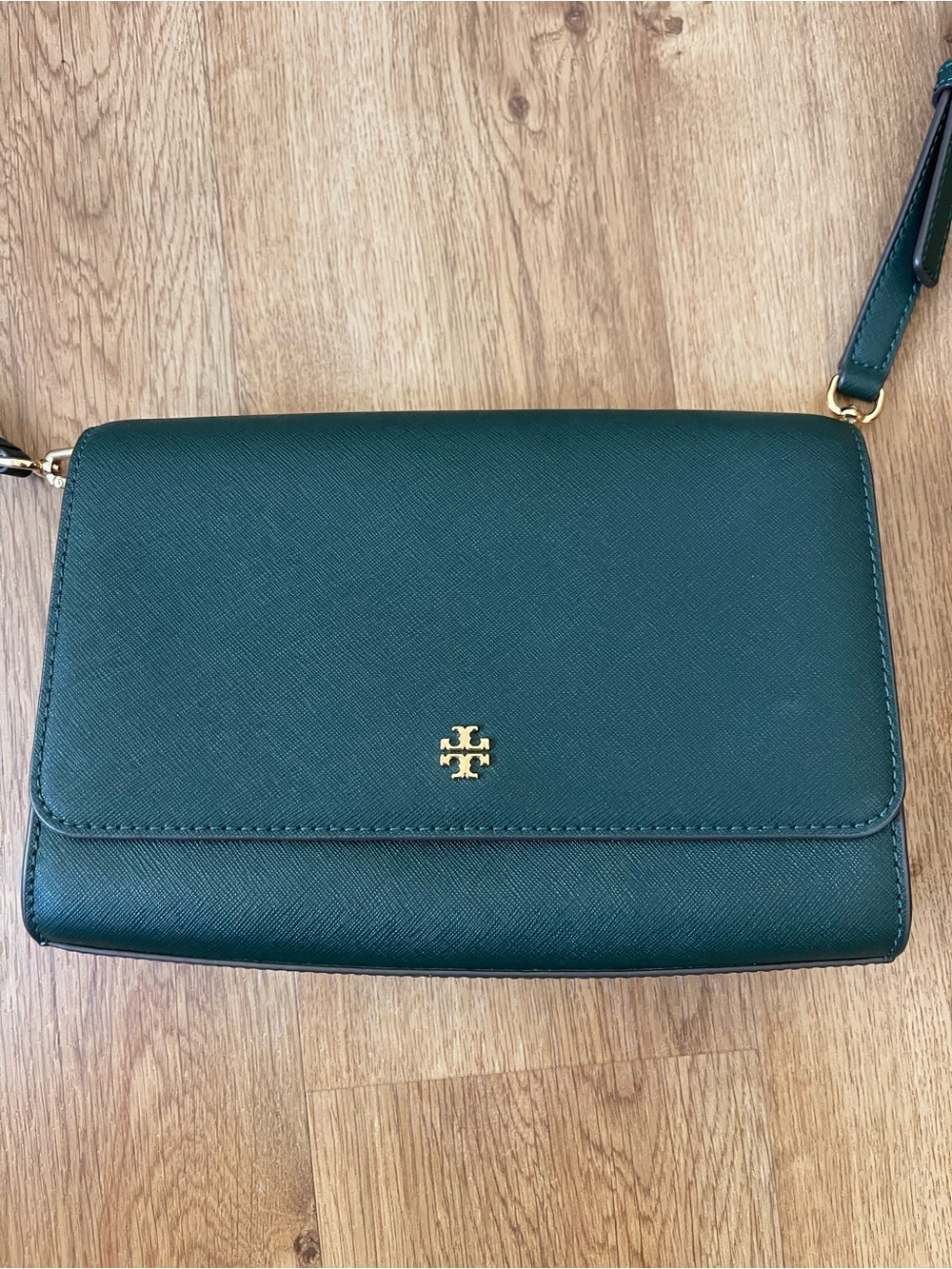 Tory Burch Dark Green Saffiano Crossbody Bag with Gold Logo